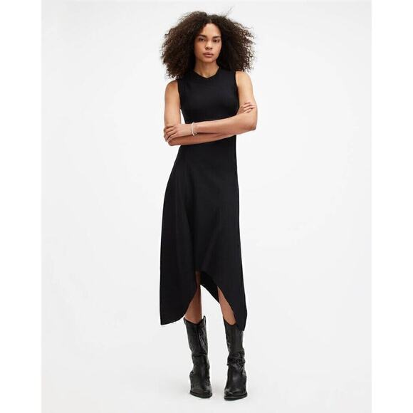 AllSaints Ribbed Knit Gia Asymmetric Midi Dress Women's Black Size 2 - Picture 4 of 9